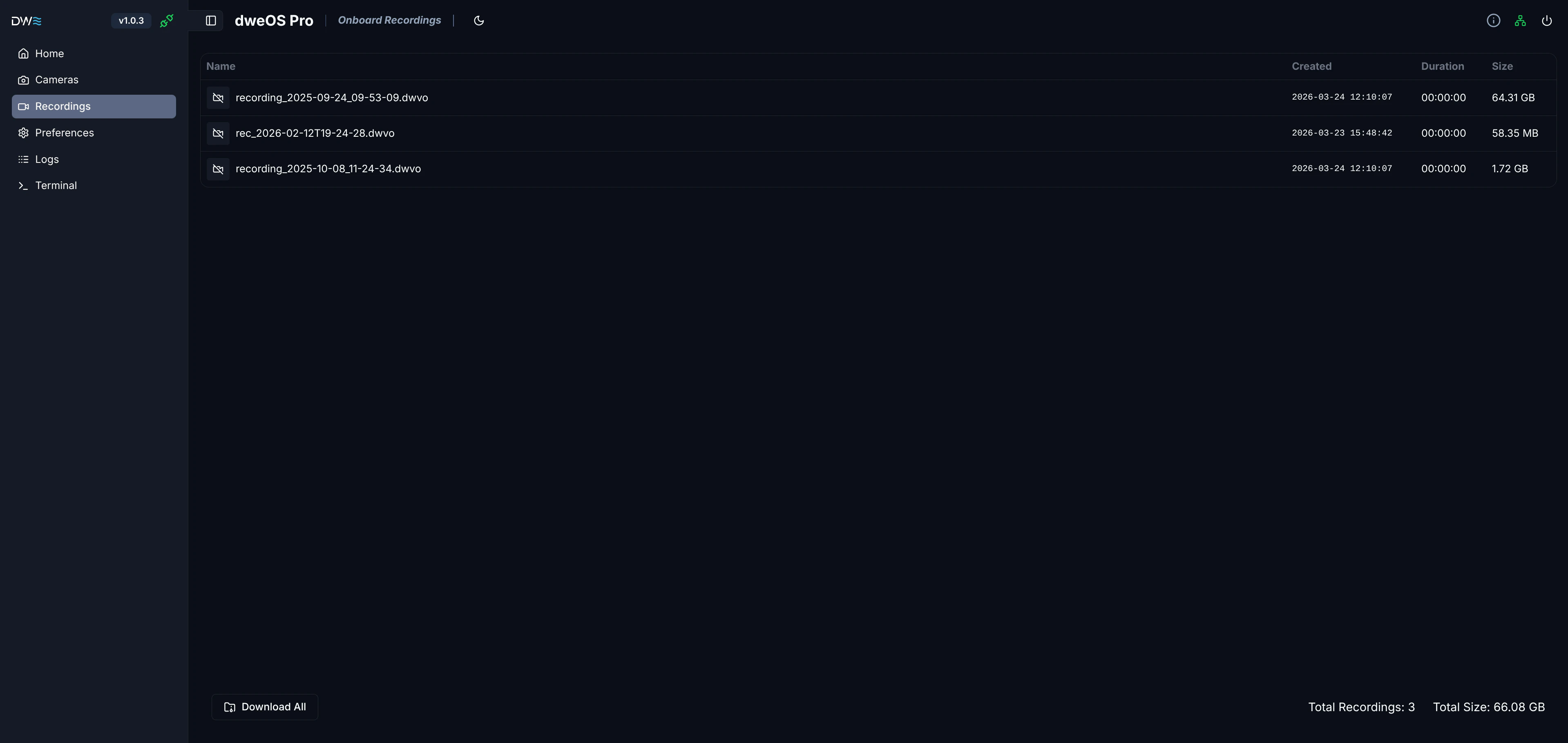 dweOS Pro recordings page