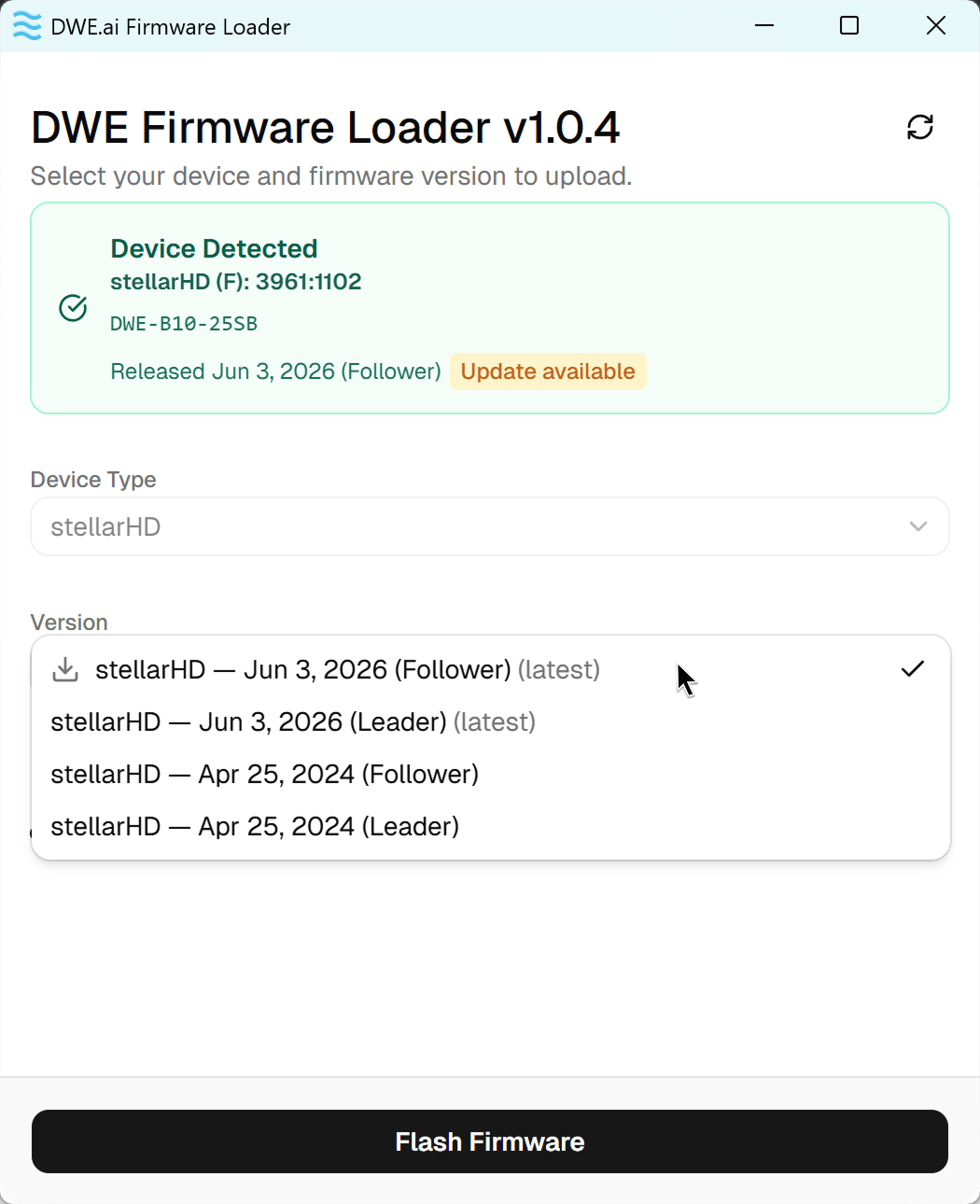 Leader- oder Follower-Firmware-Version auswählen