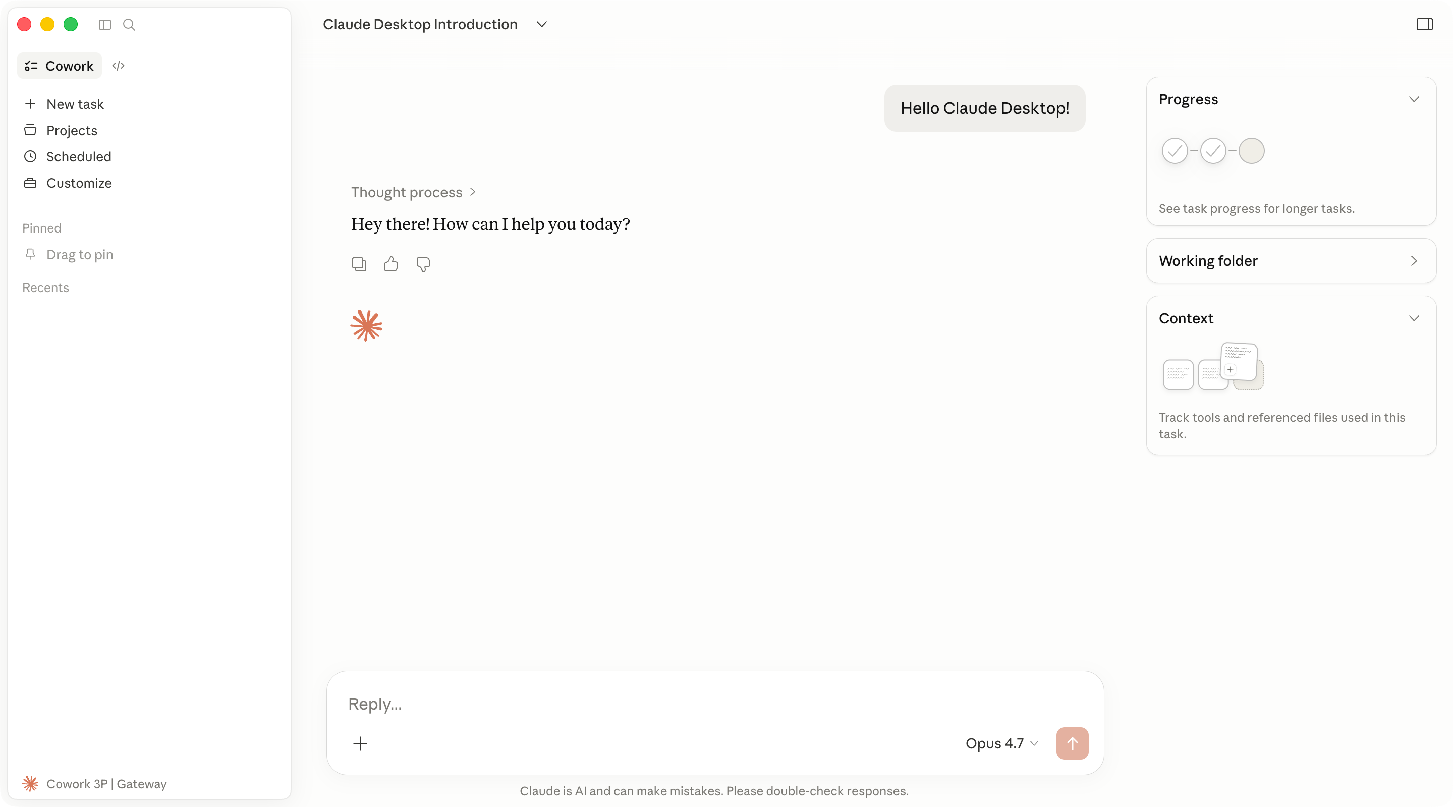 Claude Desktop 中通过 DeerAPI 发起 Cowork 会话并成功返回回复的界面