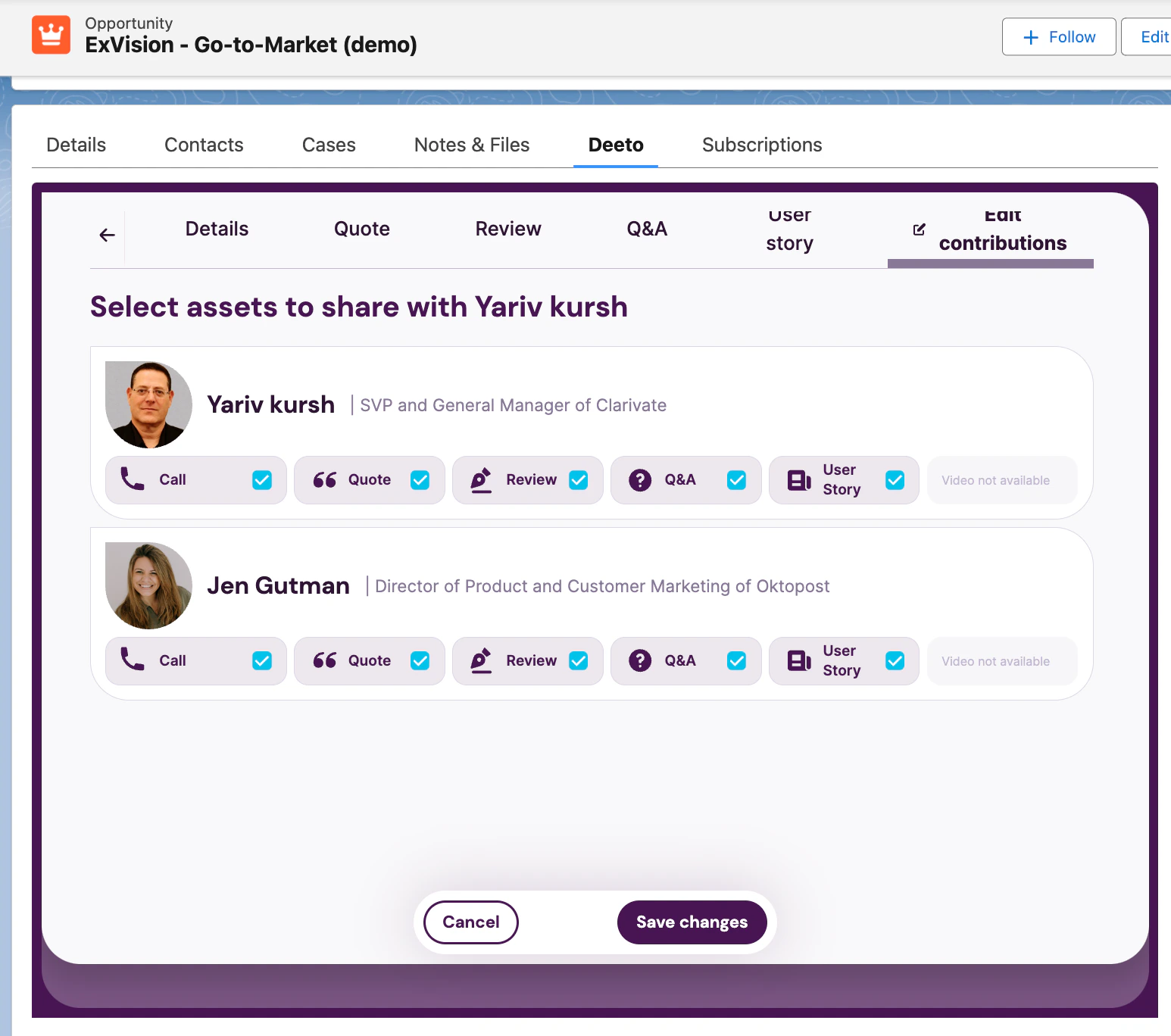 Select content assets to share