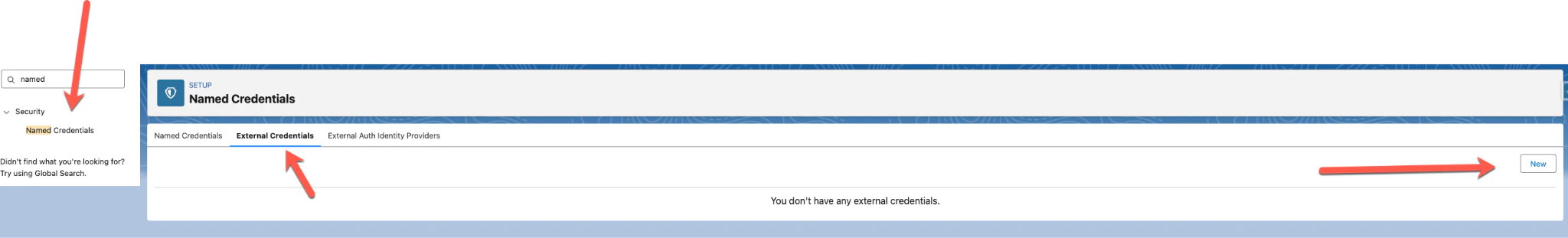 Salesforce Setup showing Named Credentials with External Credentials tab and New button highlighted
