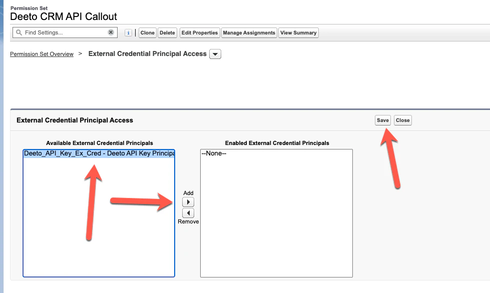 External Credential Principal Access showing Deeto_API_Key_Ex_Cred credential being moved from left to right pane with Add button and Save button