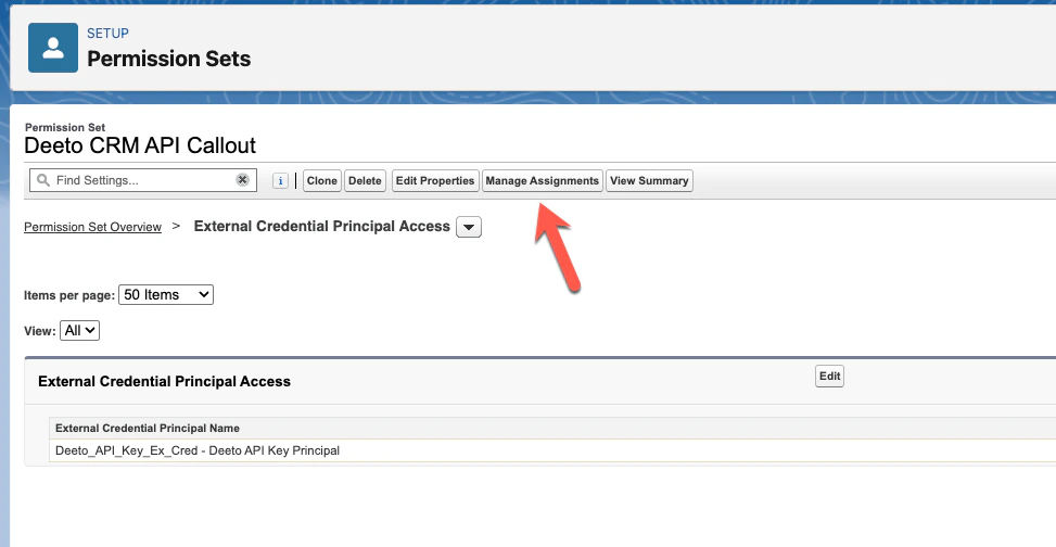 Permission Set page showing External Credential Principal Access with credential assigned and Manage Assignments button highlighted