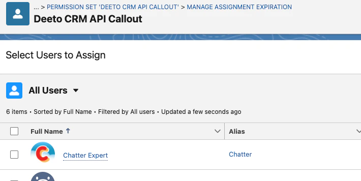Select Users to Assign page showing list of users for the Deeto CRM API Callout permission set