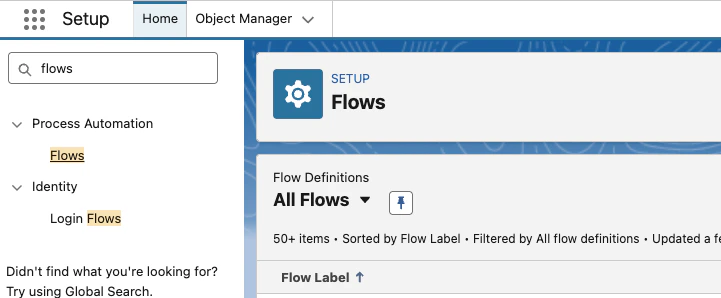 Salesforce Setup showing Flows page under Process Automation