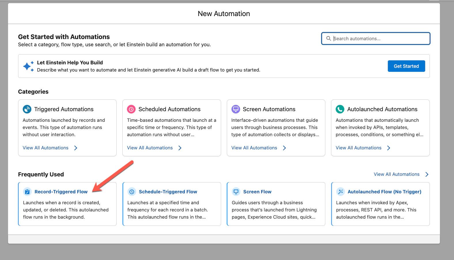 New Automation screen showing Record-Triggered Flow option highlighted