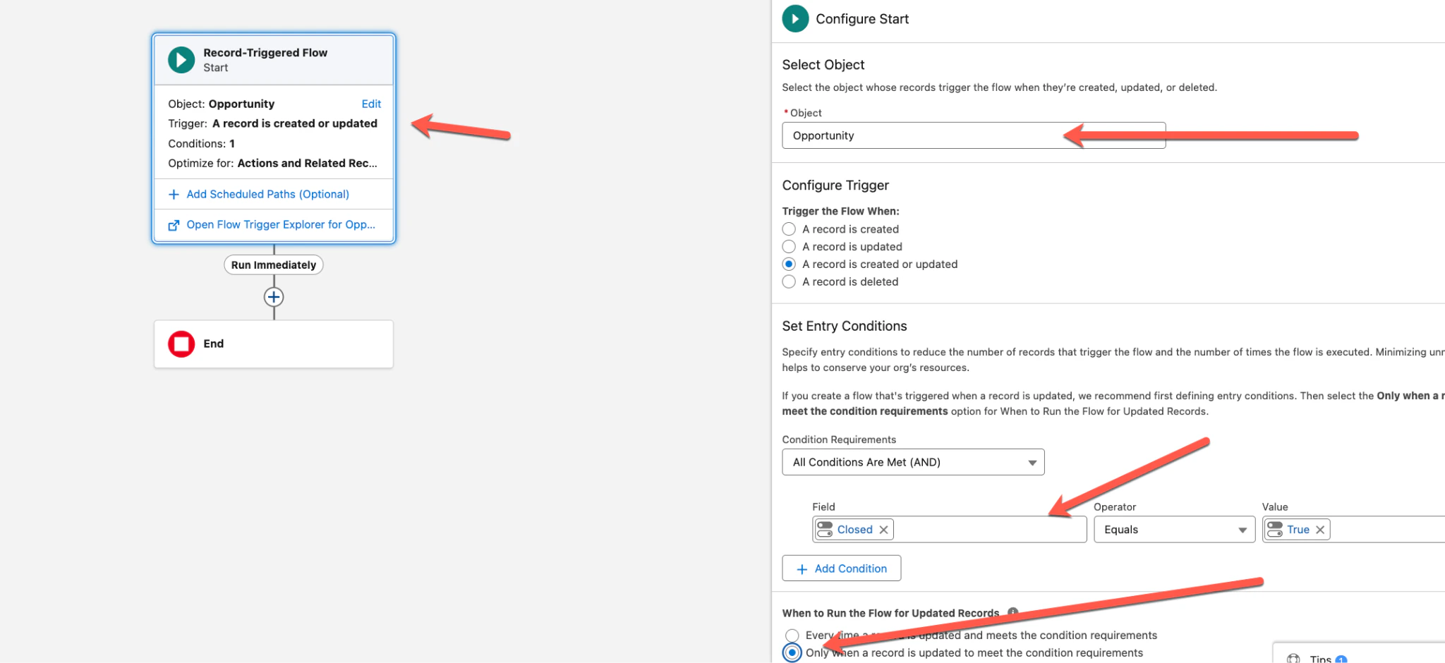 Flow builder showing Start element configured for Opportunity with Closed=True condition and entry conditions