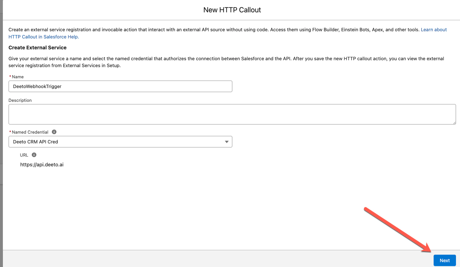 Create External Service form showing Name "DeetoWebhookTrigger" and Named Credential "Deeto CRM API Cred" selected with URL https://api.deeto.ai