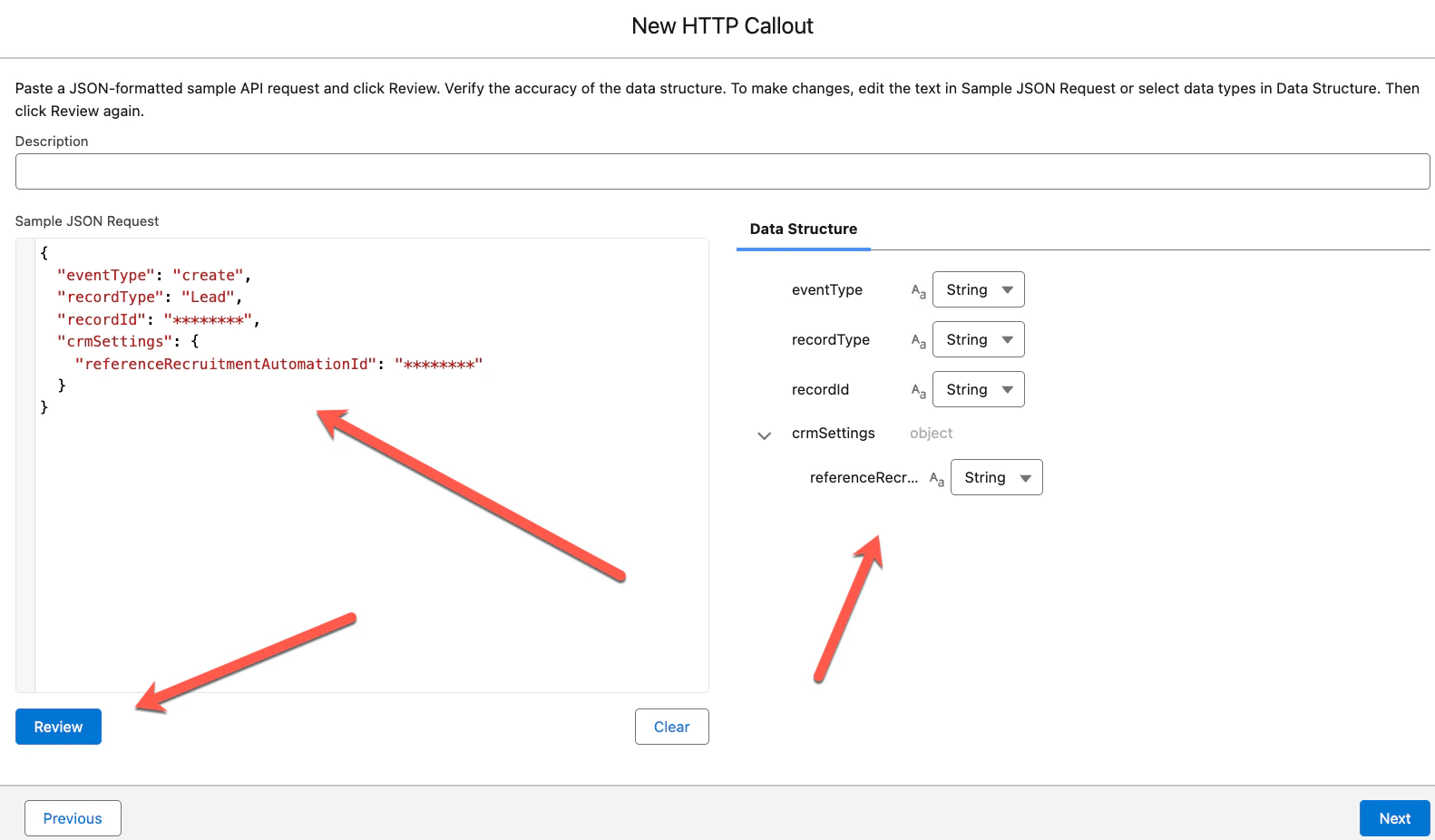 New HTTP Callout showing Sample JSON Request pasted with Data Structure auto-populated showing eventType, recordType, recordId, and crmSettings fields
