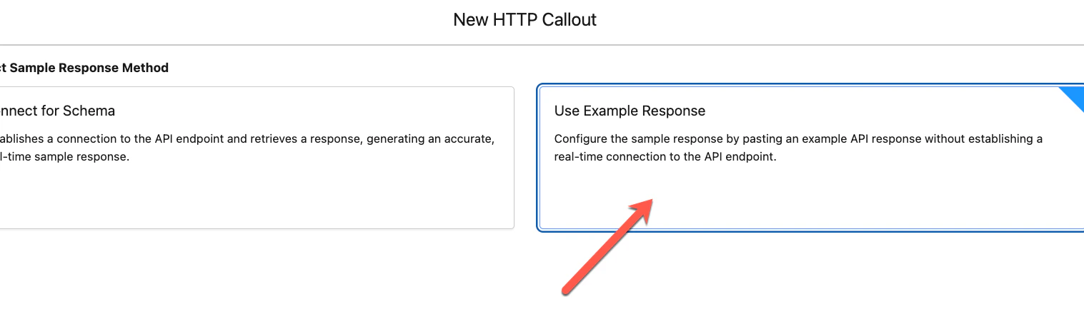 Select Sample Response Method screen showing Use Example Response option highlighted