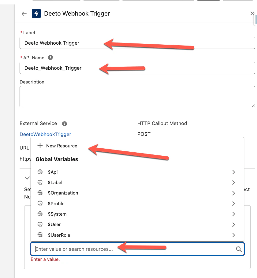 Deeto Webhook Trigger action panel showing Label, API Name fields filled in and + New Resource option highlighted in the Value dropdown