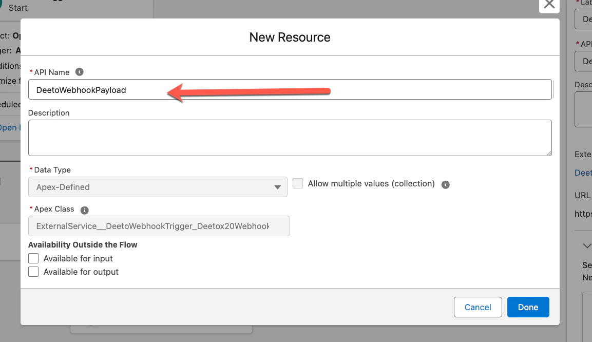 New Resource dialog showing API Name "DeetoWebhookPayload" with Apex-Defined data type and Apex Class auto-populated