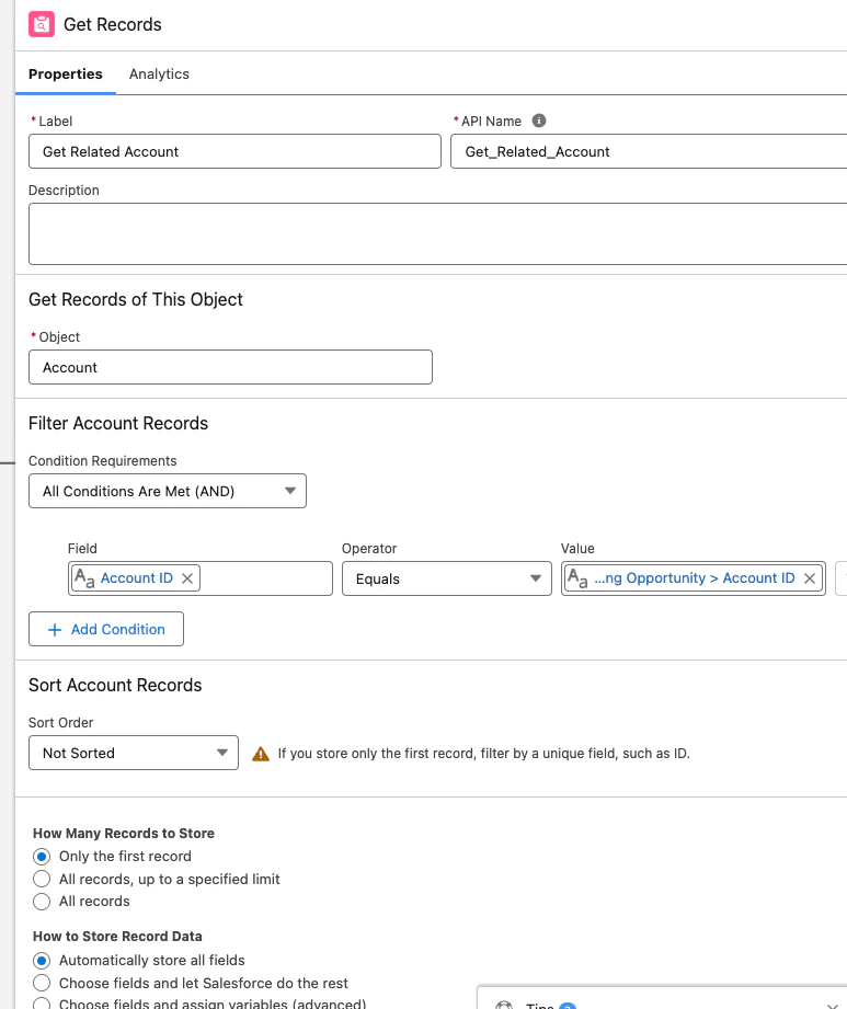 Flow builder showing Decision element with Closed Won and Closed Lost outcome paths