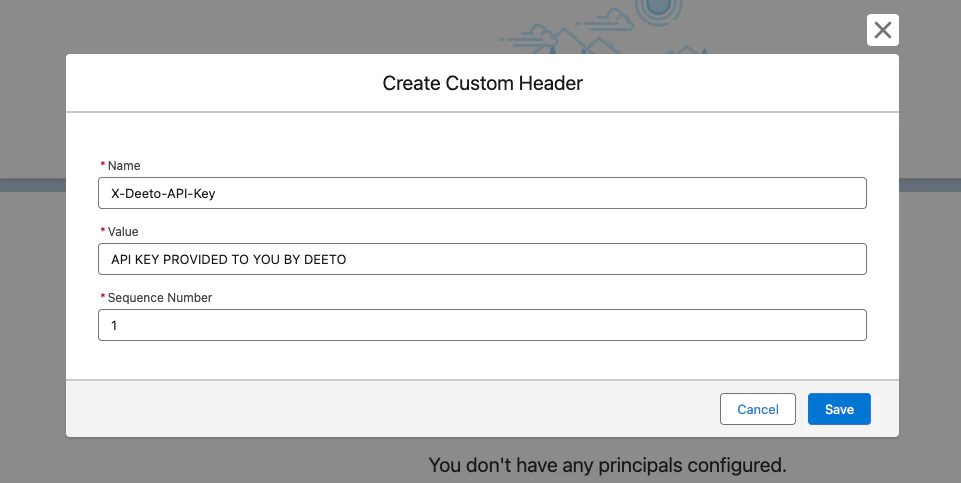 Create Custom Header dialog showing X-Deeto-API-Key name and API key value