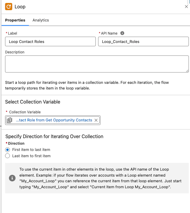 Loop element dialog showing Label "Loop Contact Roles" and Collection Variable set to Get Opportunity Contacts