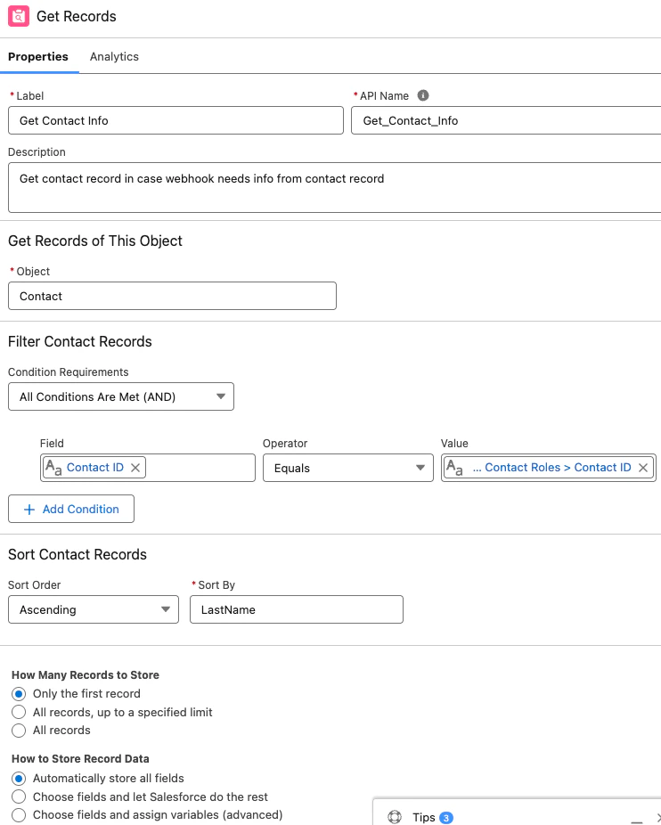 Flow builder showing Get Records element inside the loop for individual Contact records