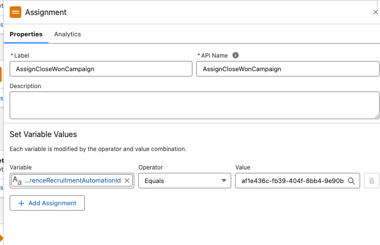 Assignment node showing payload variable fields being populated with contact and campaign data