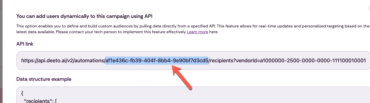 Deeto campaign settings showing the API link URL highlighted for copying