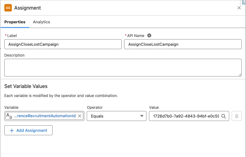 Assignment node for Closed Won showing the campaign ID variable being set with the Deeto API link