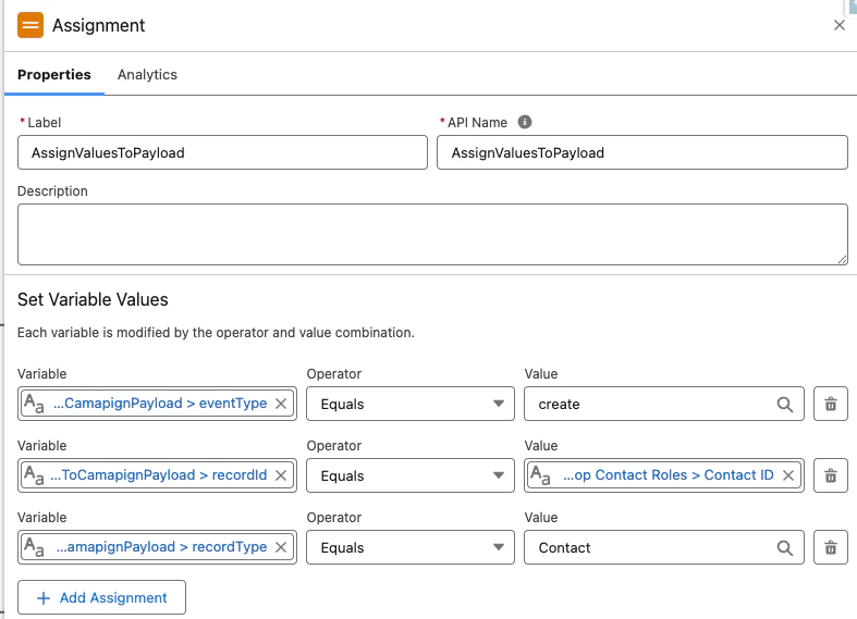 Assignment node for Closed Lost showing the campaign ID variable being set with the Deeto API link