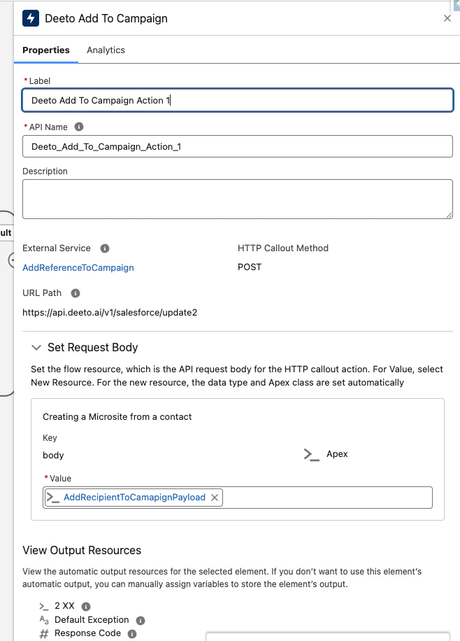 Deeto Add To Campaign action dialog showing Label "Deeto Add To Campaign Action 1", API Name, External Service, and URL path https://api.deeto.ai/v1/salesforce/update2 confirmed