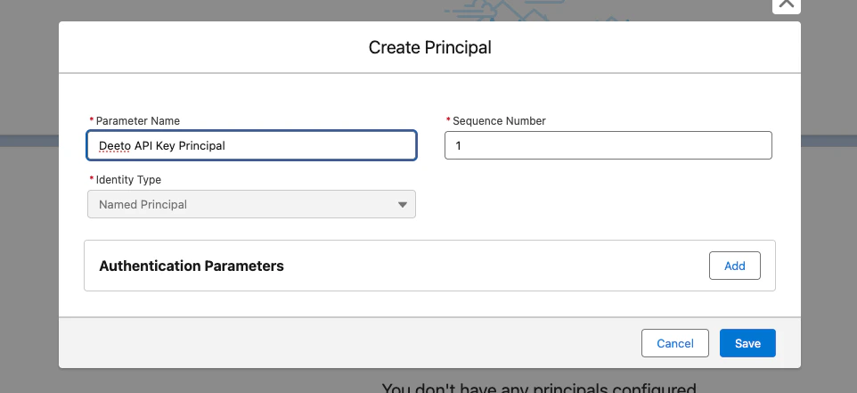 Create Principal dialog showing Parameter Name "Deeto API Key Principal" and Named Principal Identity Type