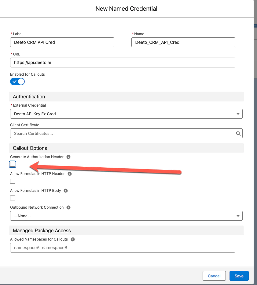 New Named Credential form with Label "Deeto CRM API Cred", URL https://api.deeto.ai, and External Credential selected