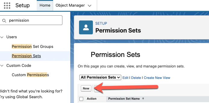 Salesforce Setup showing Permission Sets page with New button highlighted