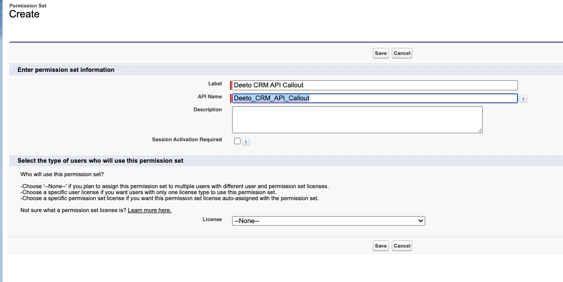 Permission Set Create form with Label "Deeto CRM API Callout" and API Name "Deeto_CRM_API_Callout"