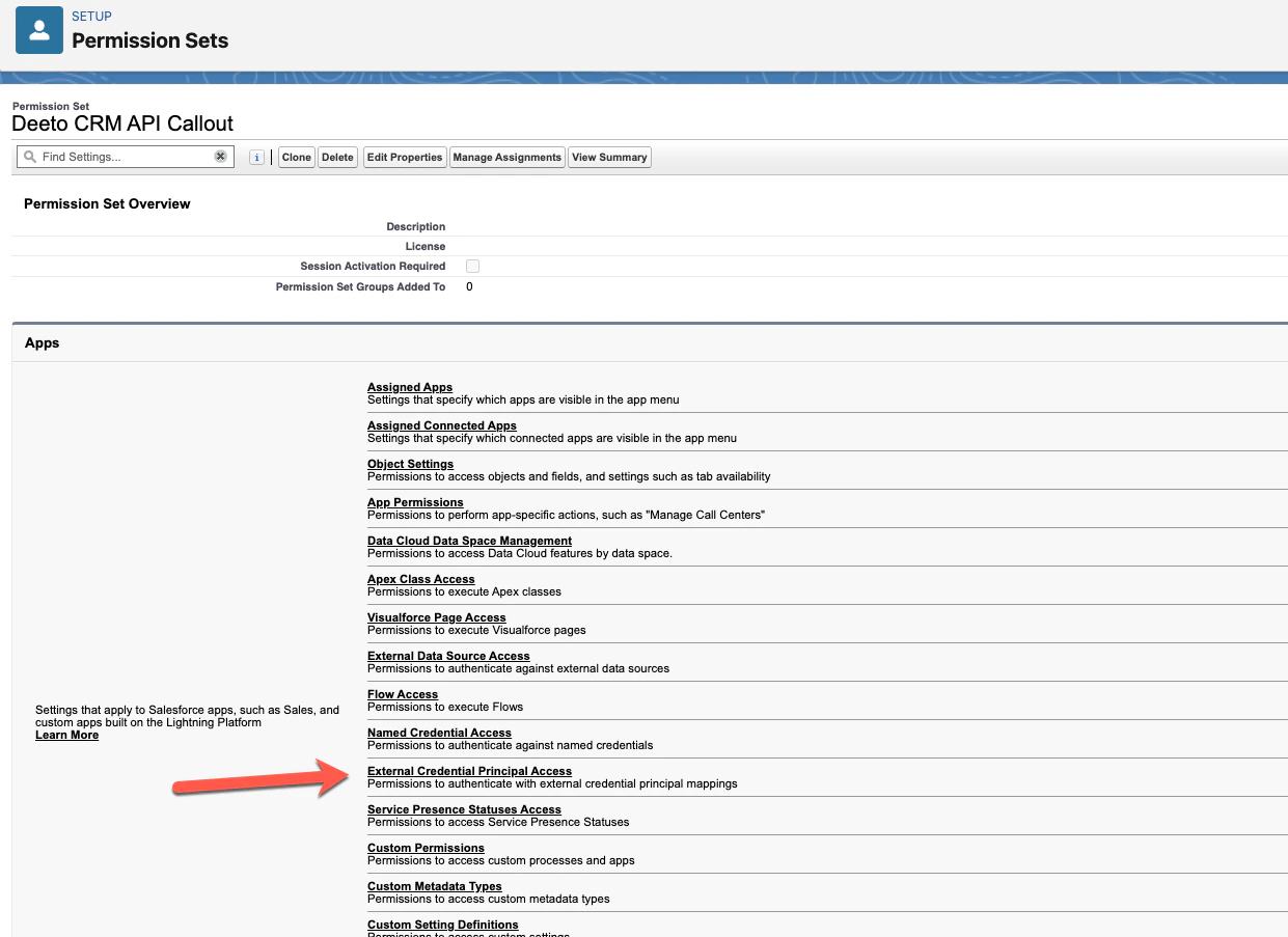 Permission Set overview page showing External Credential Principal Access section with Edit button