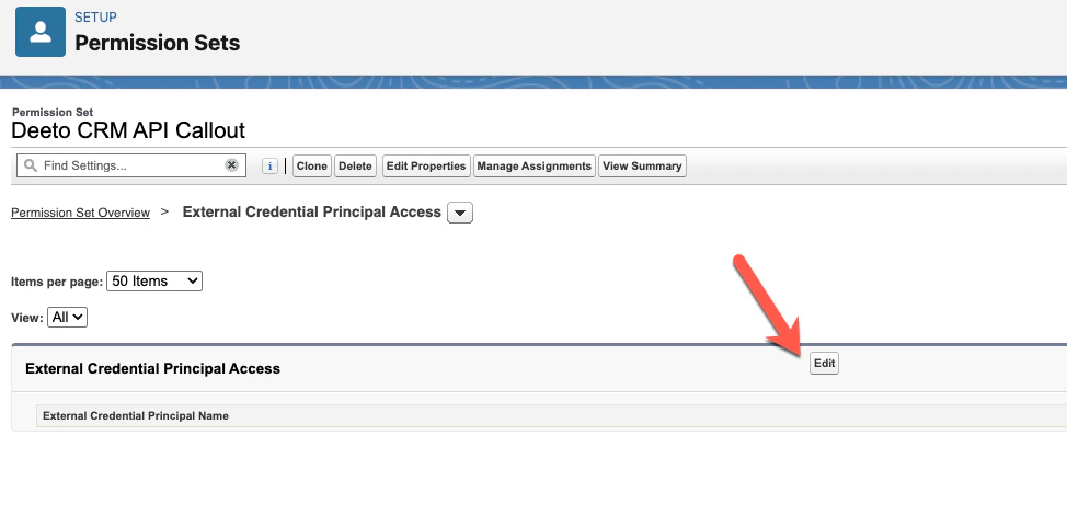 External Credential Principal Access section with Edit button highlighted