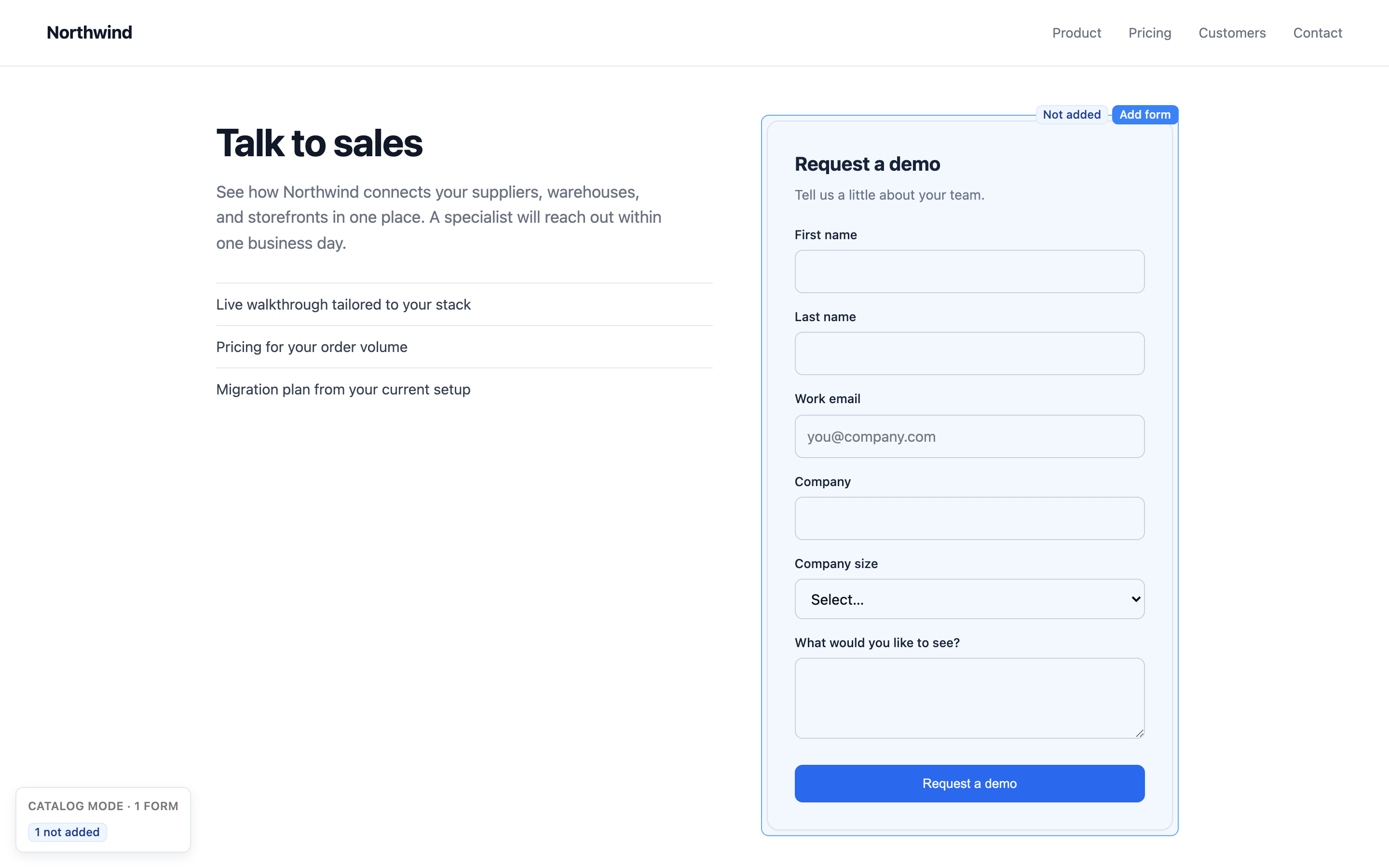 A customer page in catalog mode, with the demo request form outlined and marked Not added next to an Add form button