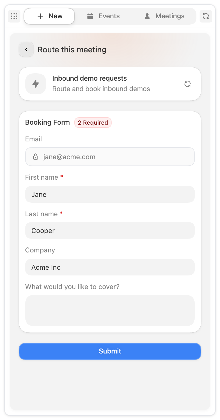 The Route this meeting screen with a prefilled Booking Form and Submit button