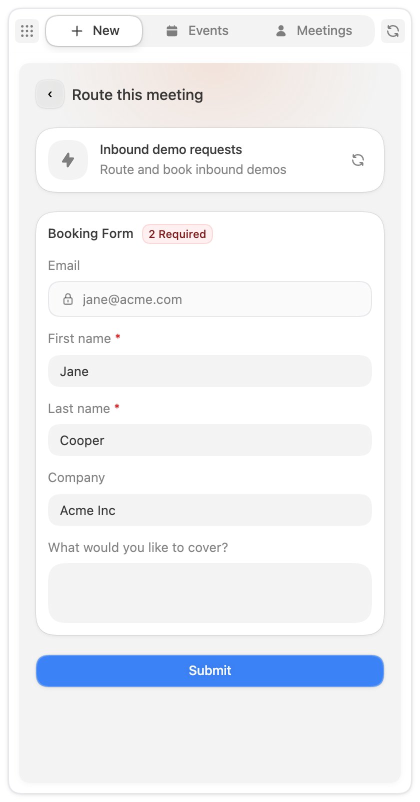The Route this meeting screen with a prefilled Booking Form and Submit button