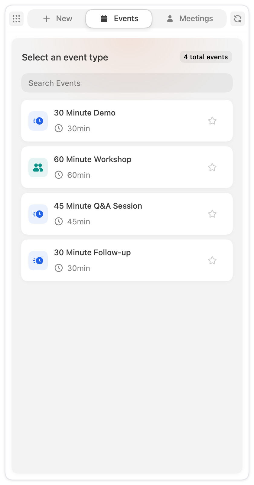The Events tab listing bookable event types with durations
