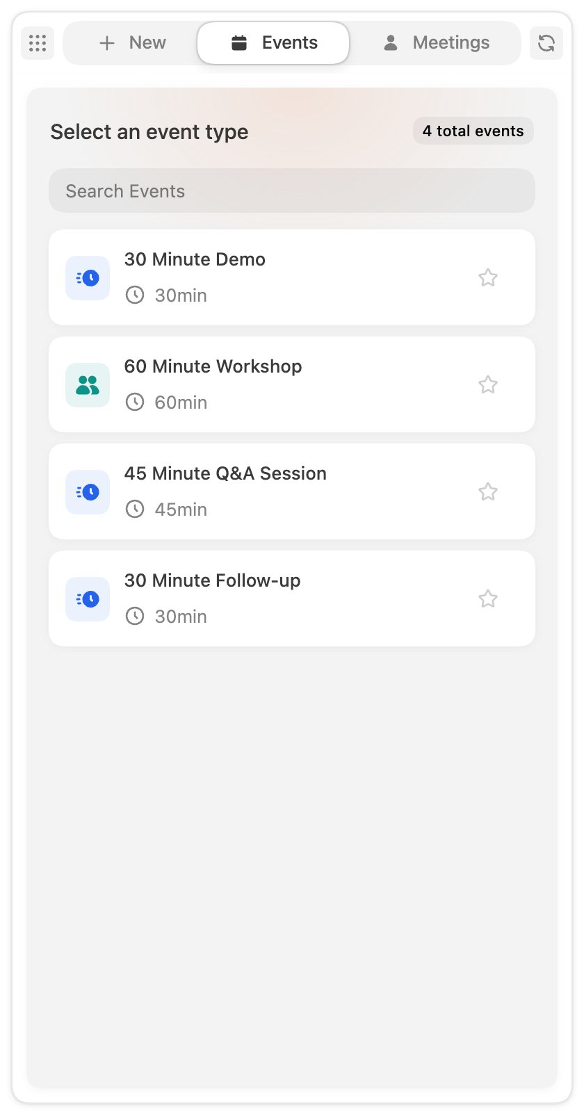 The Events tab listing bookable event types with durations