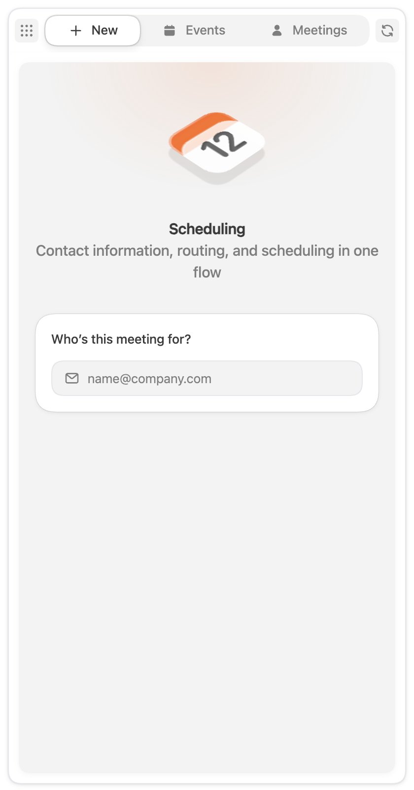 The signed-in side panel with New, Events, and Meetings tabs and a lead email field