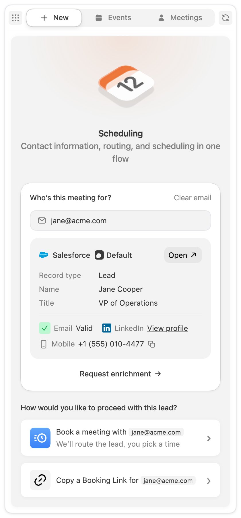A looked-up lead with a Salesforce record card and the two action cards below it