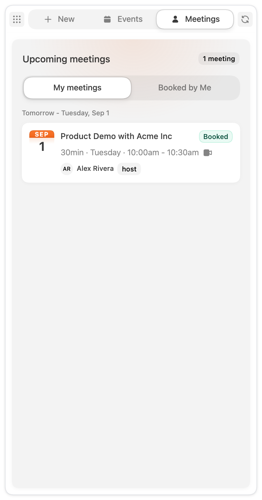 The Meetings tab with an upcoming meeting under My meetings