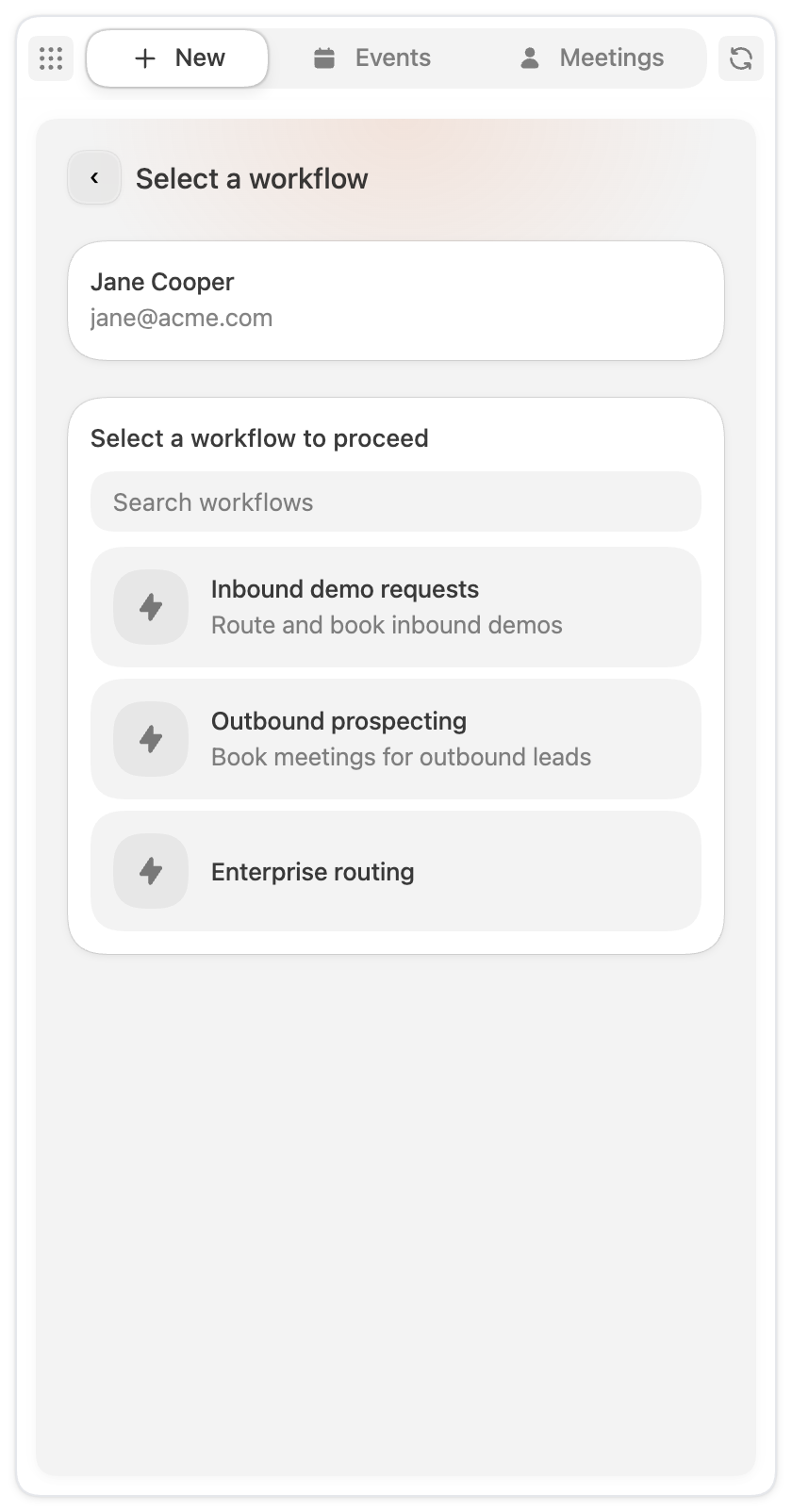 The Select a workflow screen listing routing workflows, with the lead summarized above