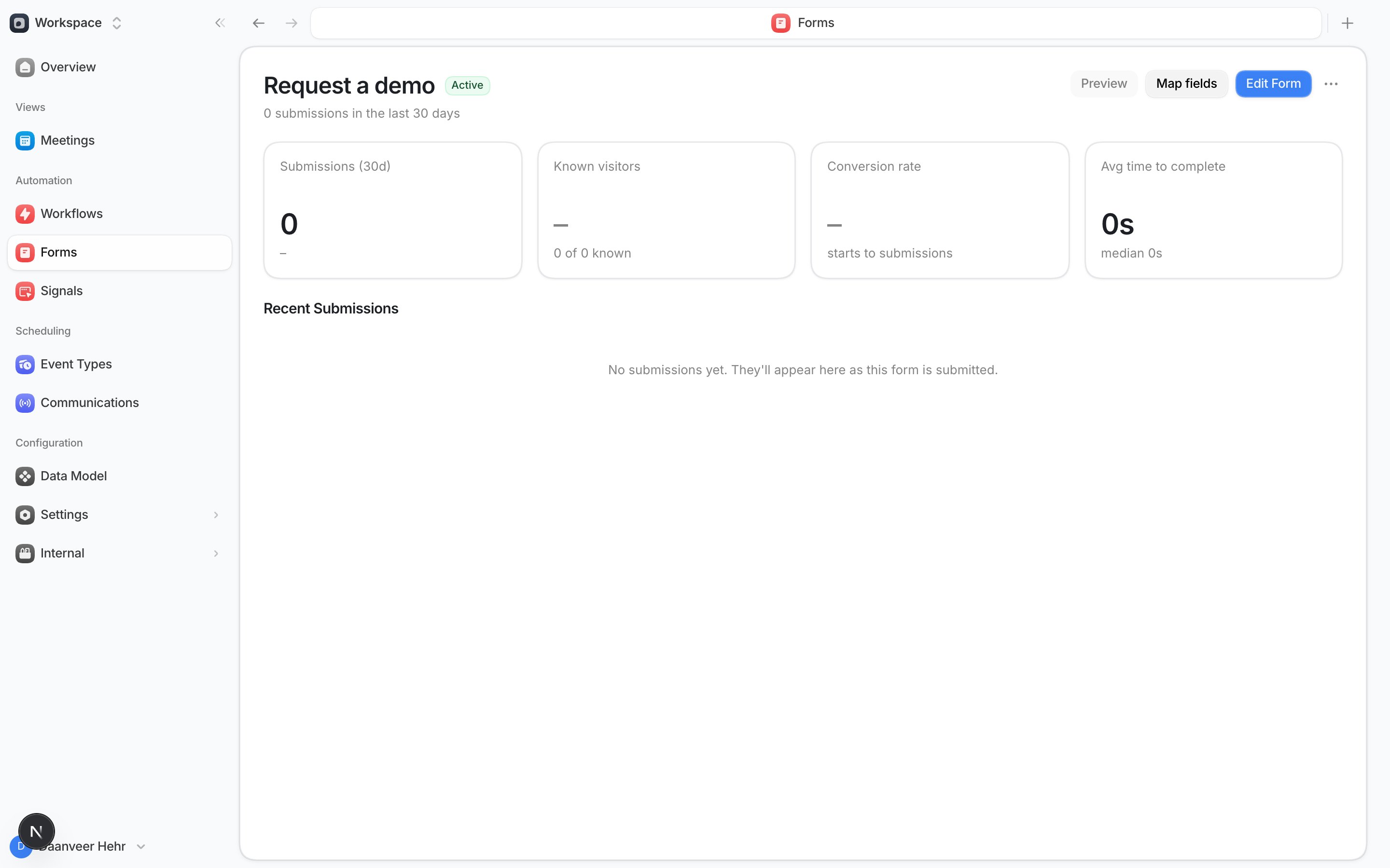 An active form's detail page