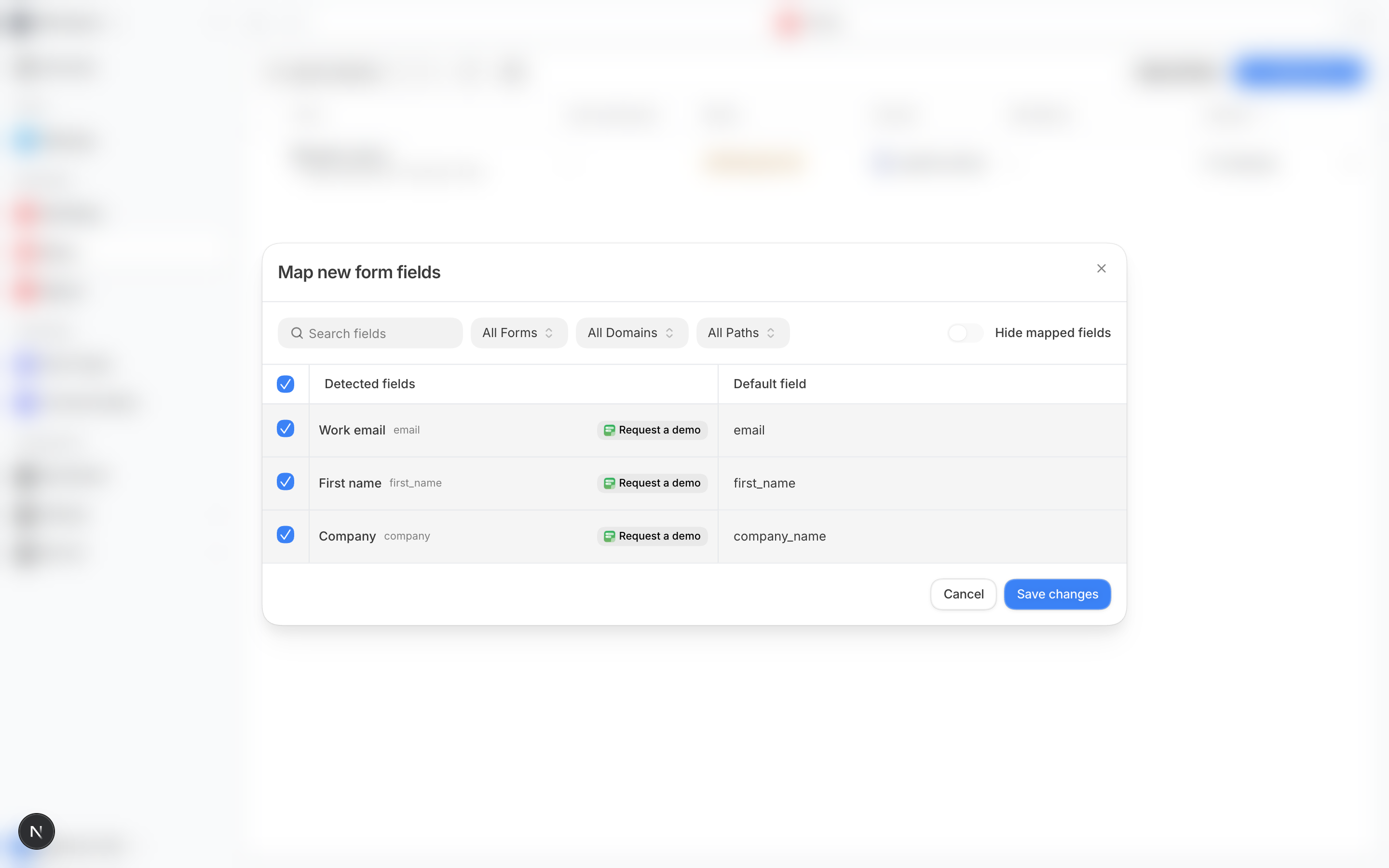 Detected fields mapped to Default Person and Company fields