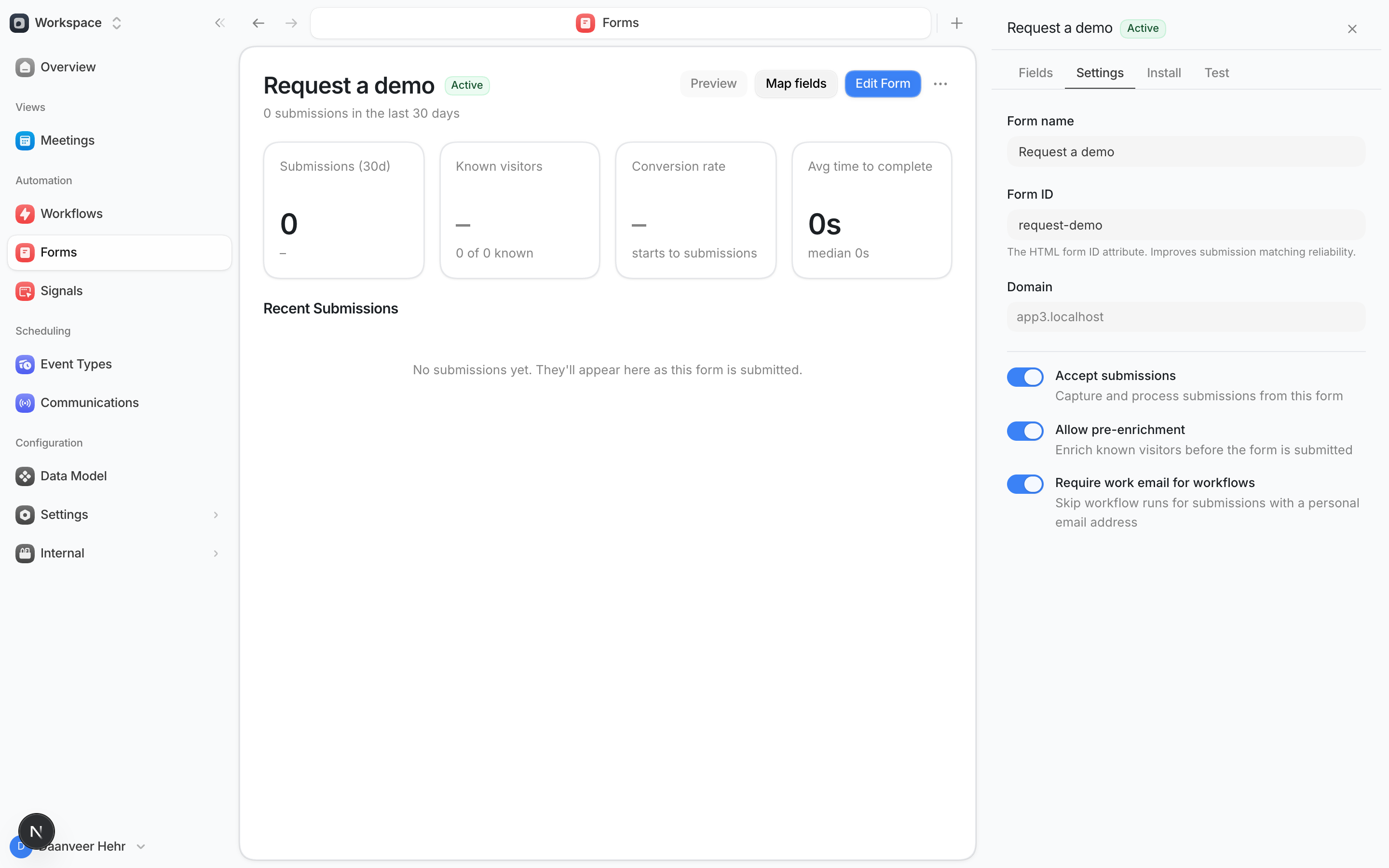 The form's Settings tab with submission and enrichment rules