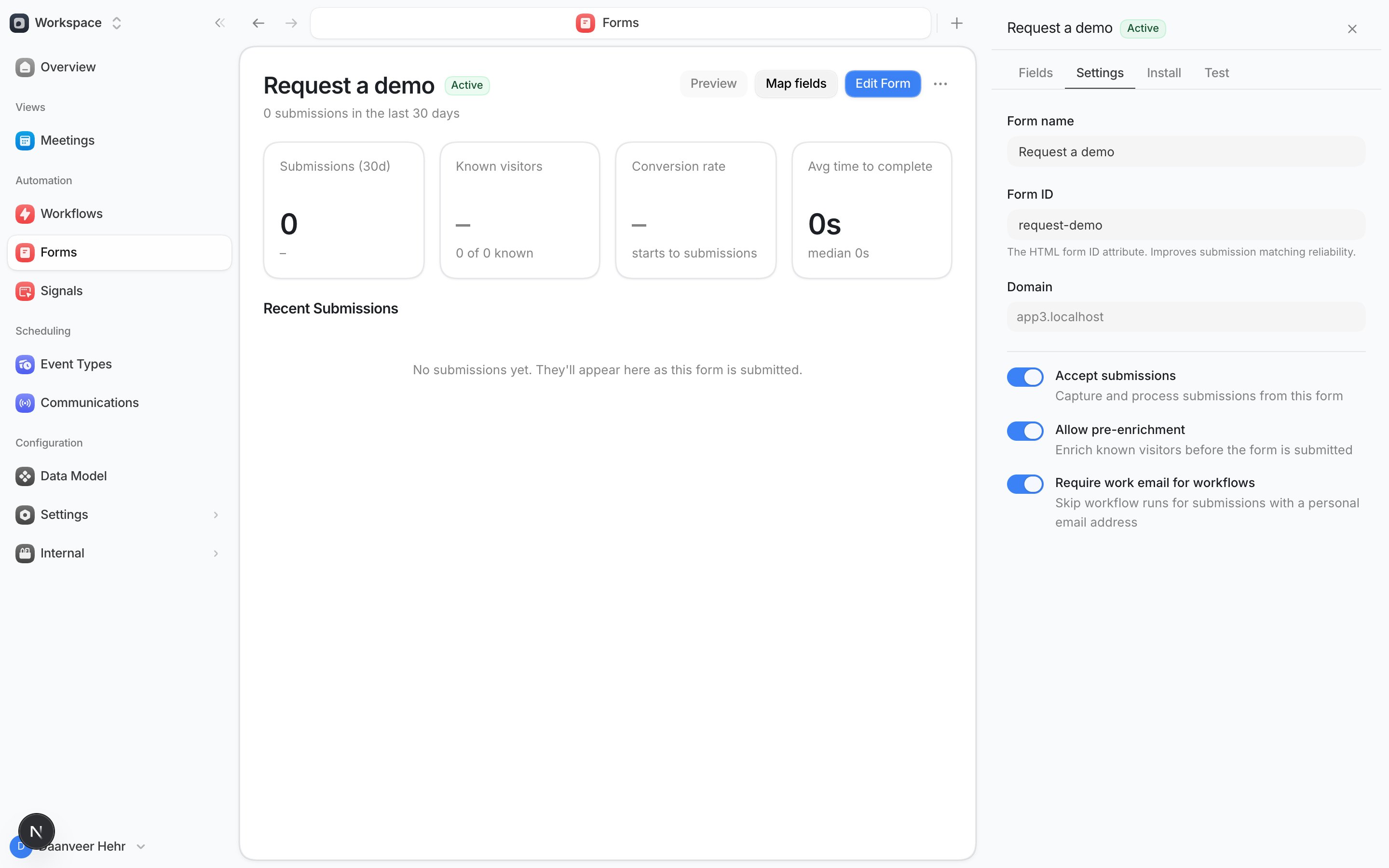 The form's Settings tab with submission and enrichment rules