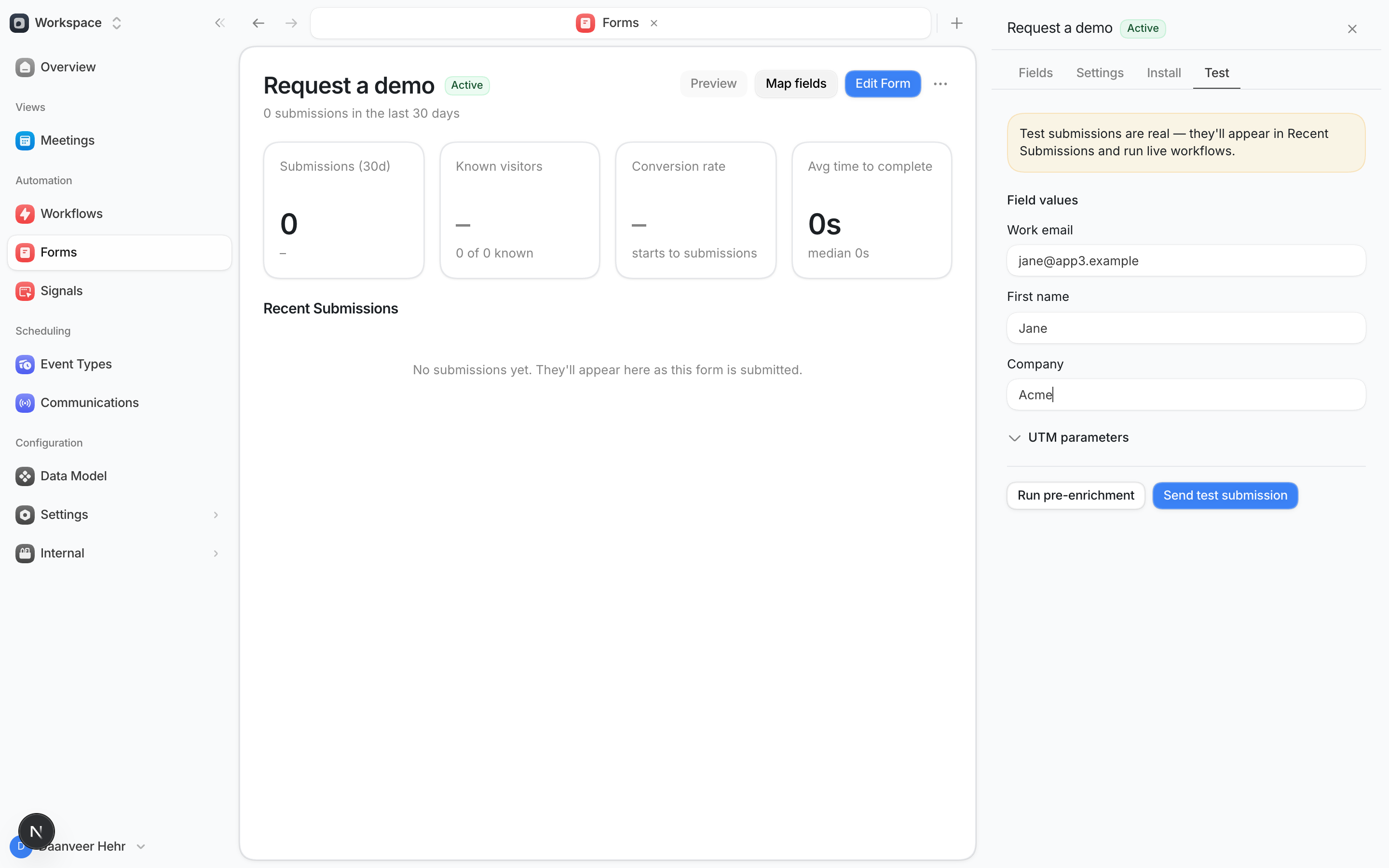 Form Test tab with synthetic request demo values