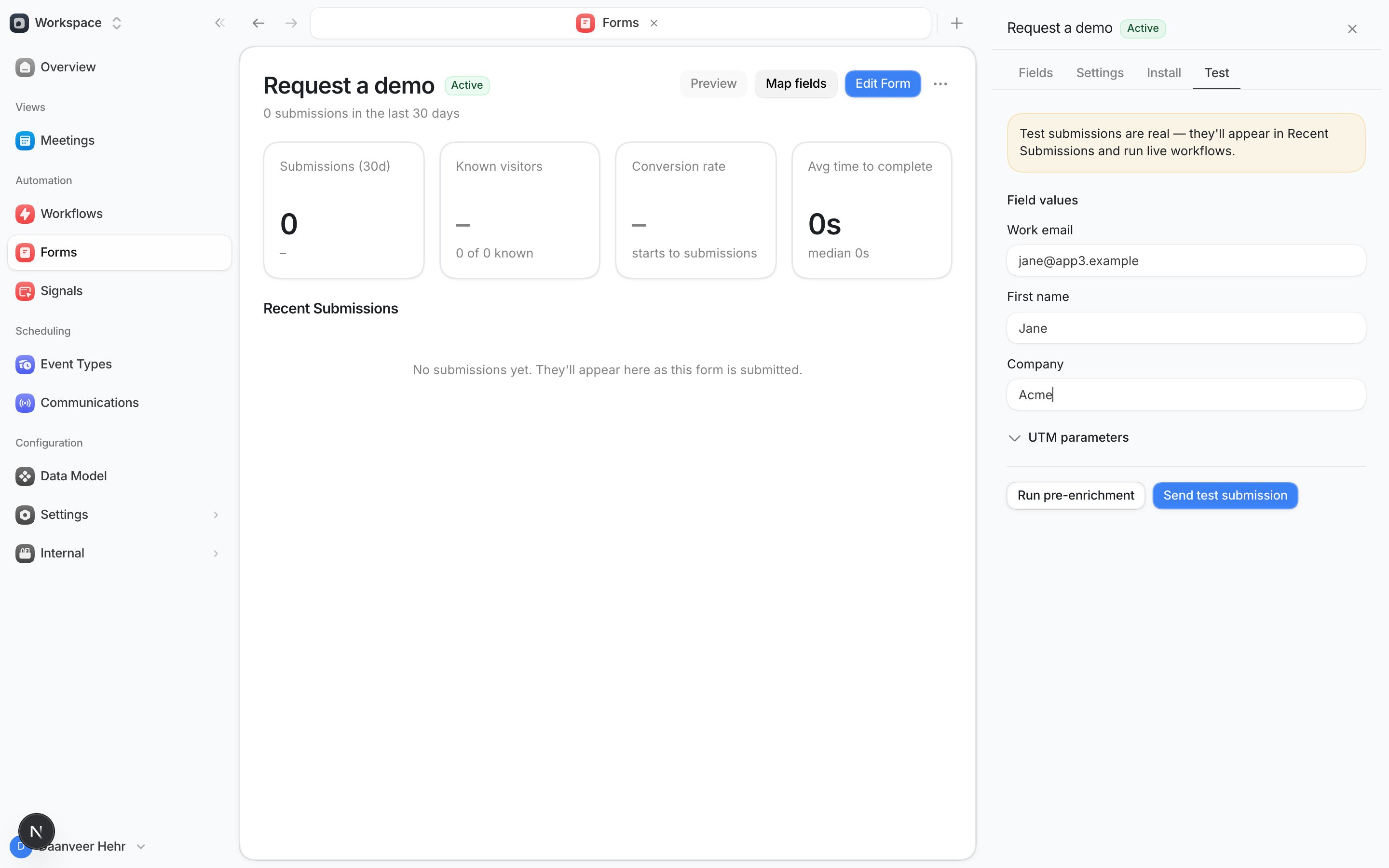 Form Test tab with synthetic request demo values