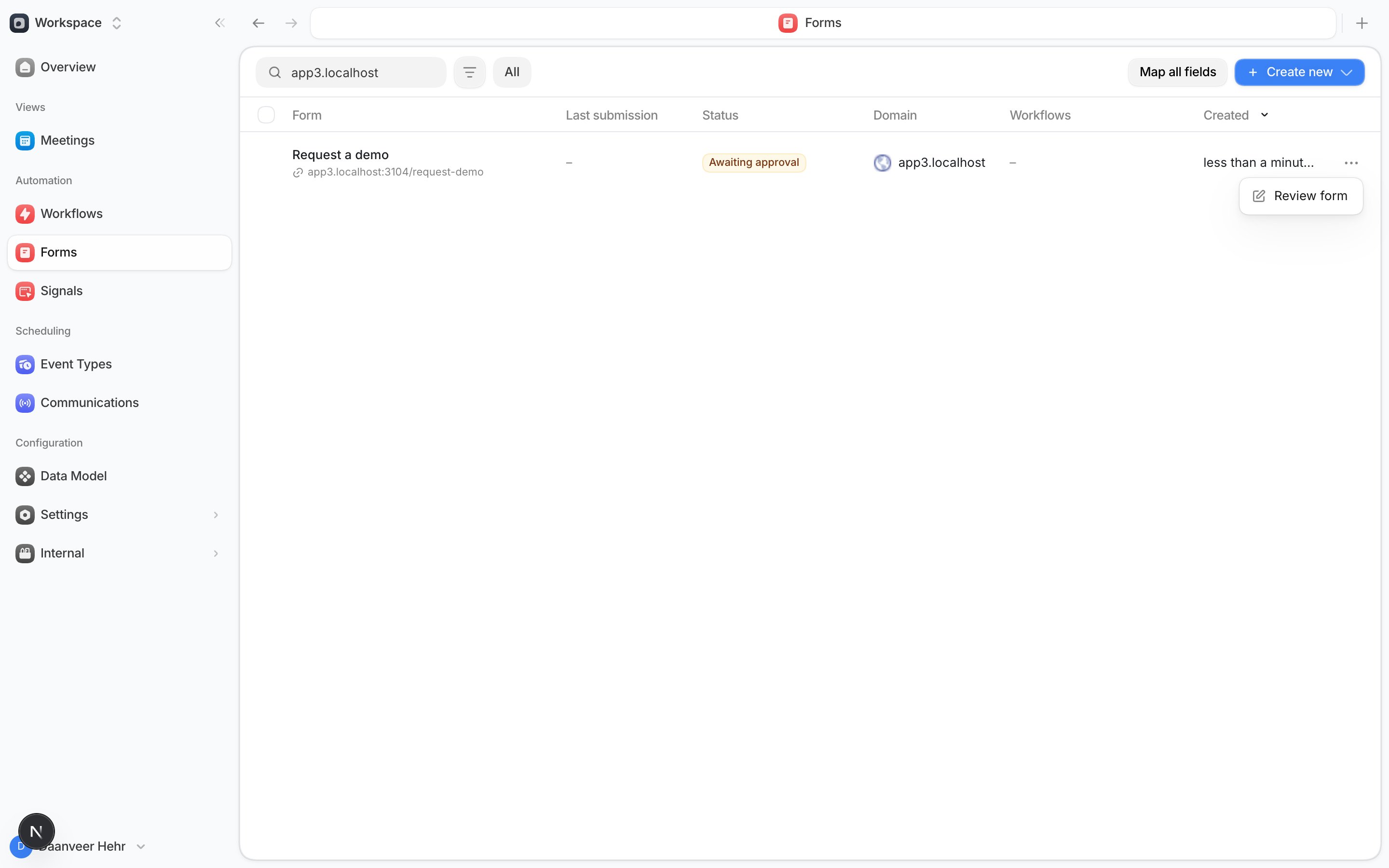 A form's actions menu with Review available