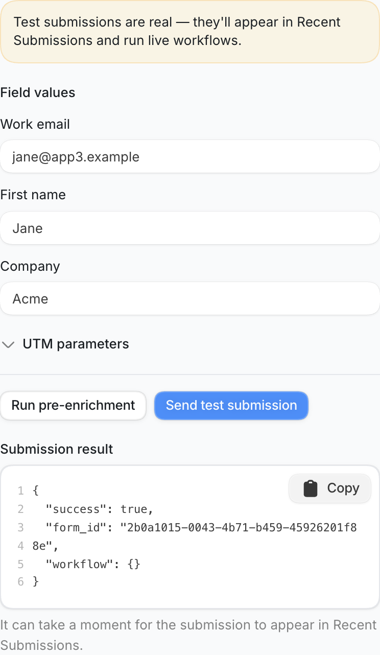 The Test tab with field values filled in and the submission result