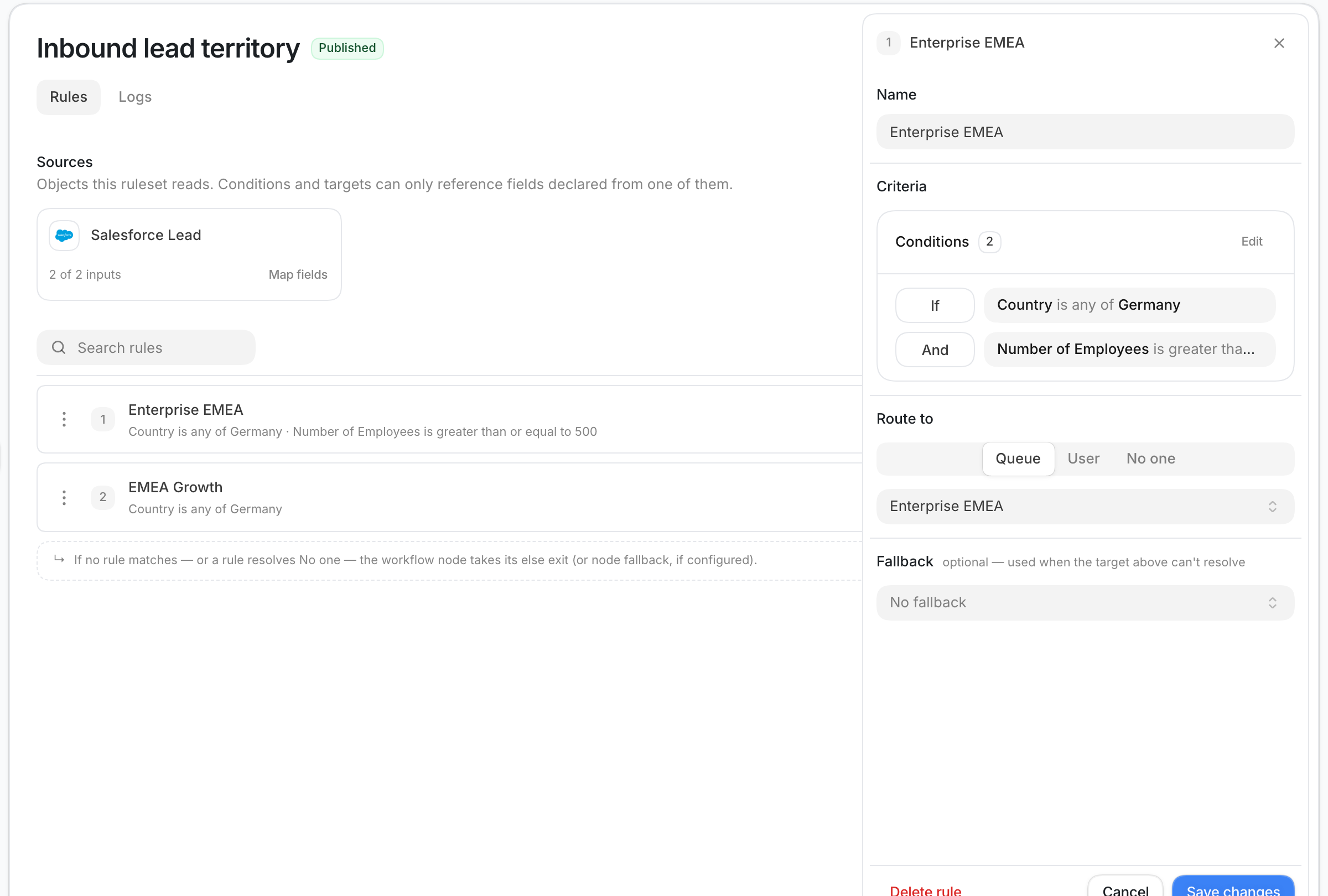 Enterprise EMEA rule with country and employee-count conditions that route to the Enterprise EMEA queue