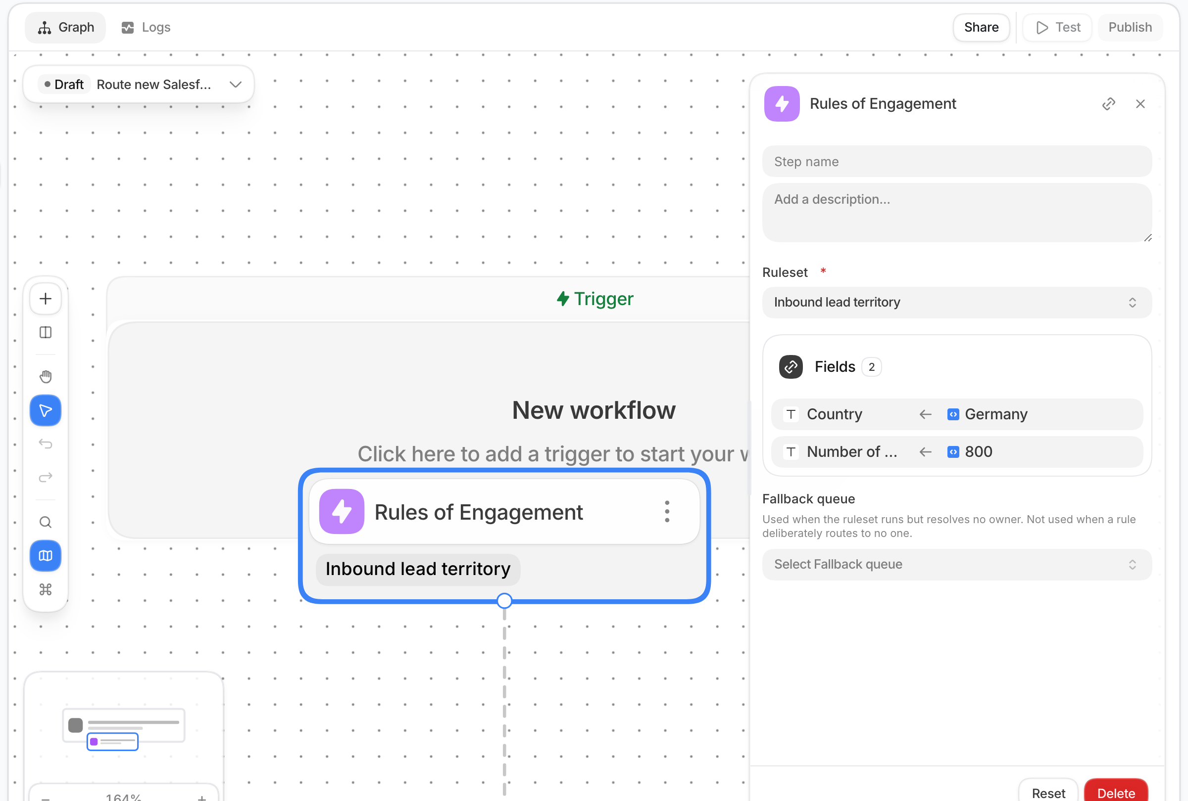 Rules of Engagement workflow step configured with the Inbound lead territory ruleset and two mapped inputs